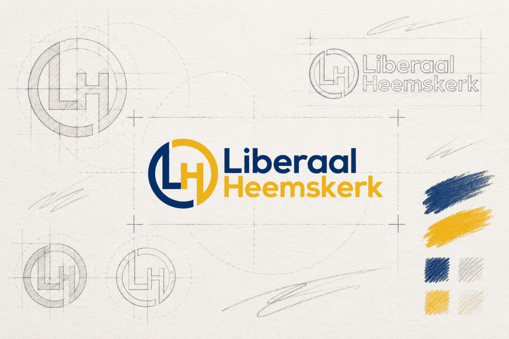 Artistieke schetsvisual van het logo van Liberaal Heemskerk met potloodlijnen en kleurstudies