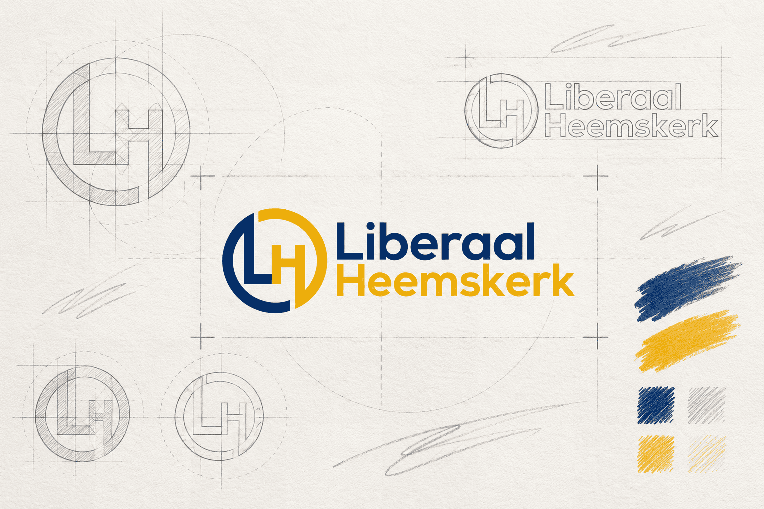 Artistieke schetsvisual van het logo van Liberaal Heemskerk met potloodlijnen en kleurstudies
