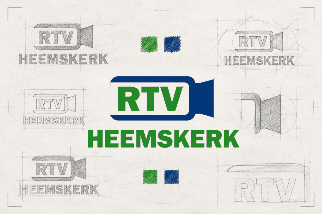 Artistieke schetsvisual van het RTV Heemskerk logo met potloodlijnen en kleurstudies