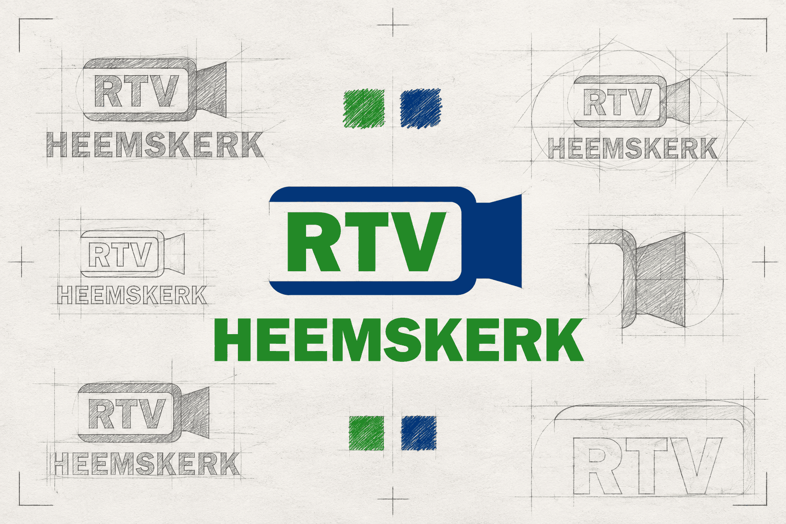 Artistieke schetsvisual van het RTV Heemskerk logo met potloodlijnen en kleurstudies