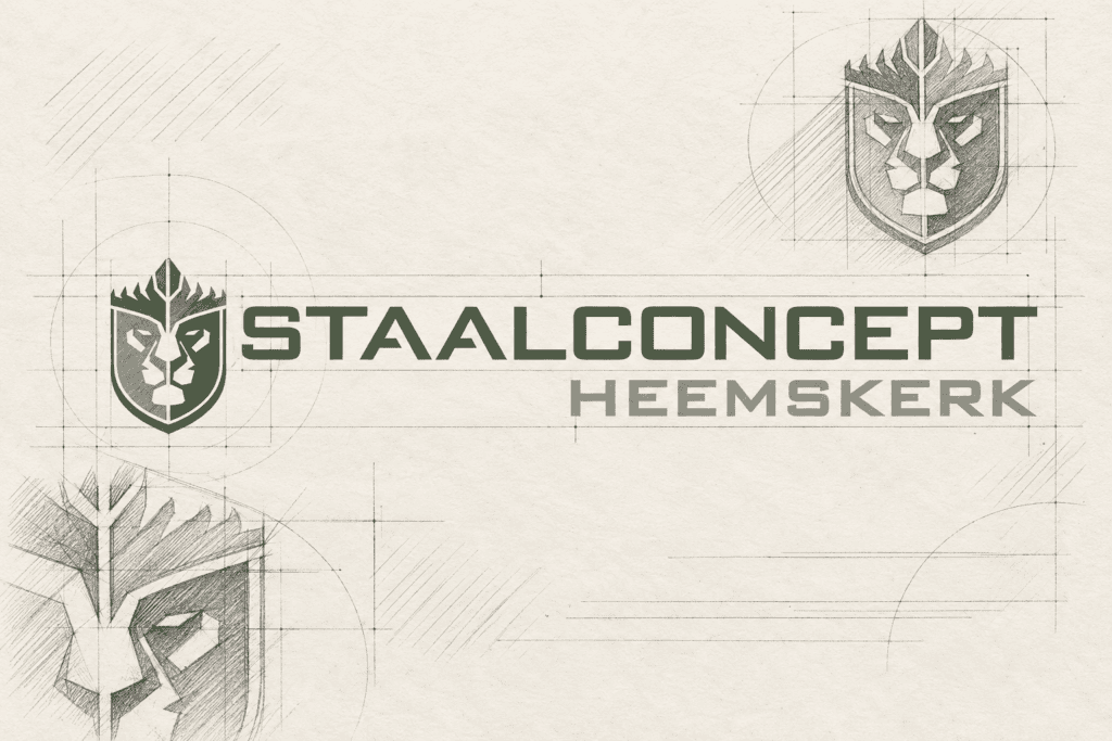 Artistieke schetsvisual van het Staalconcept-logo met leeuwenschild en bedrijfsnaam