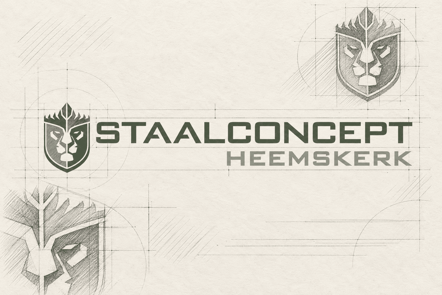 Artistieke schetsvisual van het Staalconcept-logo met leeuwenschild en bedrijfsnaam