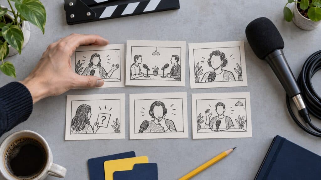 AI-illustratie van storyboardkaarten en een microfoon voor een terugkerend podcastformat