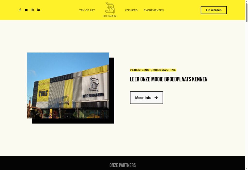 Schermbeeld van de Broedmachine-website met gele navigatie en de introductie van de creatieve broedplaats in Beverwijk