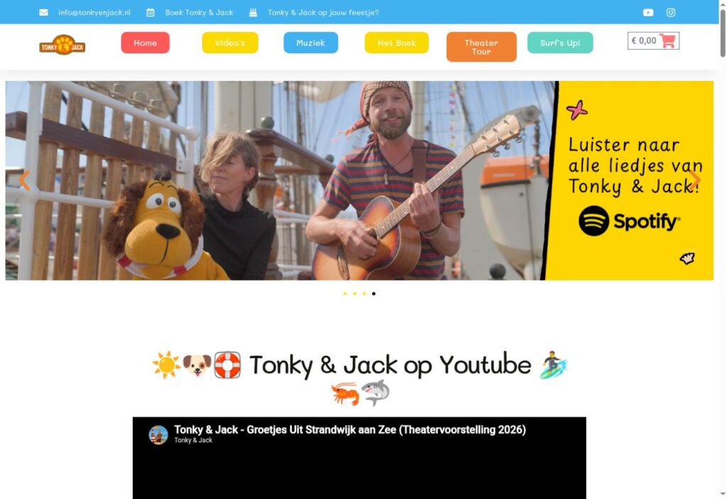 Schermbeeld van tonkyenjack.nl met kleurrijke navigatie, Tonky en Jack en verwijzingen naar muziek en video